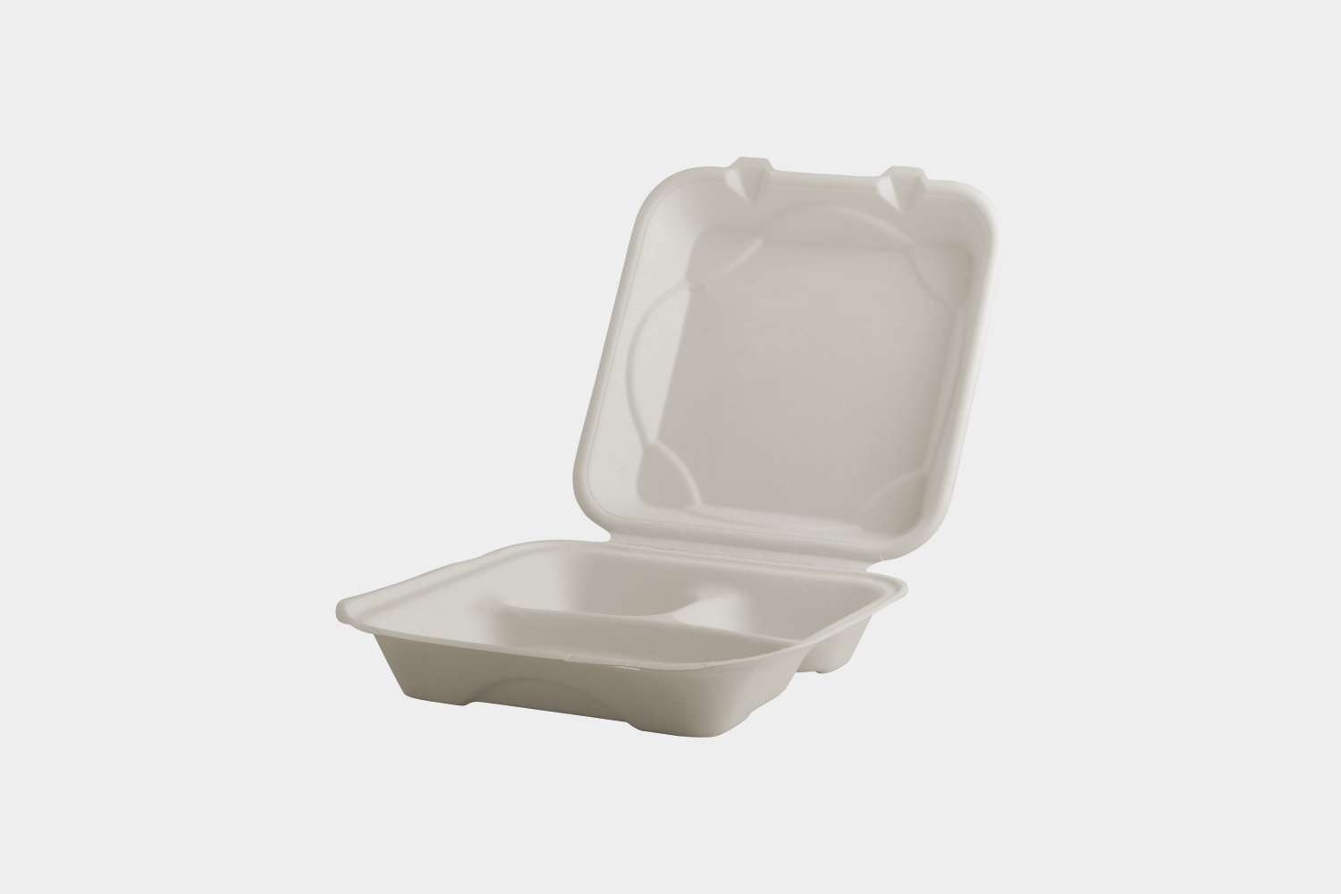3 Compartments 9" Sugarcane Bagasse Takeout Box with Hinged Lid container - Front View - Ecolates
