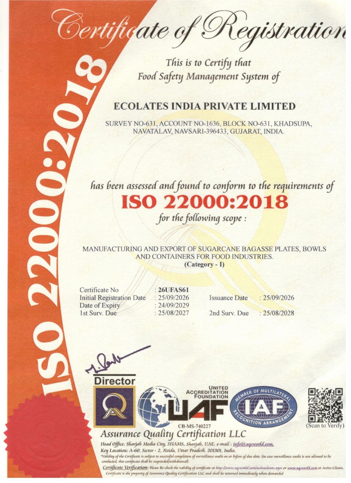 ISO Certificate and Food Safety, valid 24-09-2029